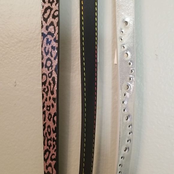 Girls 3 Belt Set Pink Leopard, Black multicolor stitch, & Metallic Silver NWT XL - Picture 3 of 9